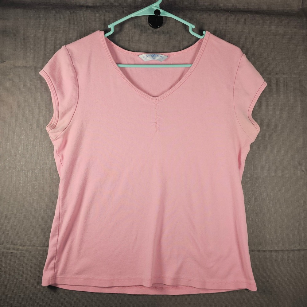 In Your Dreams Womens Pink V-Neck Cap Sleeve 100% Cotton Ruched Tee Shirt Large